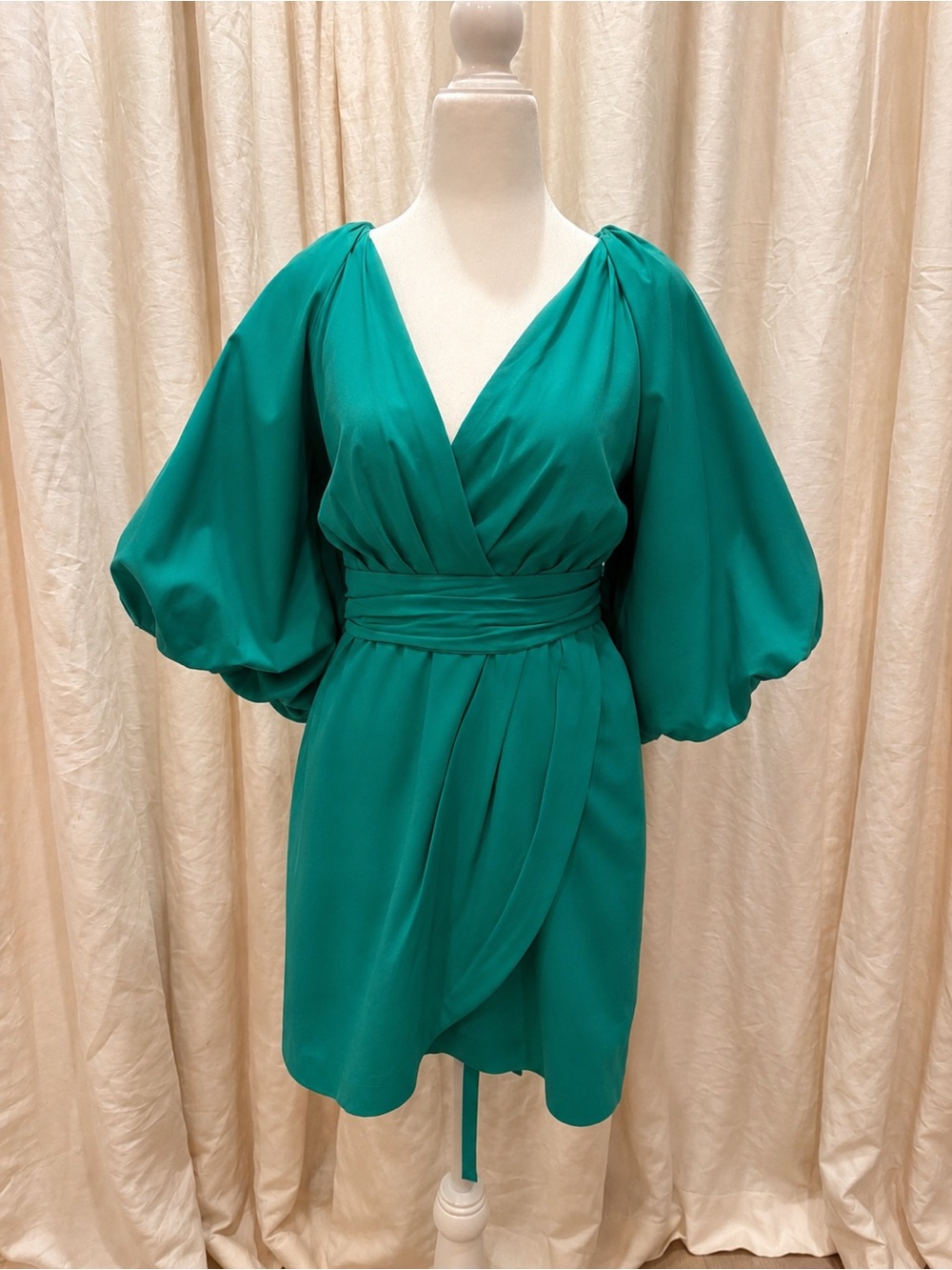 HYFVE Emerald Green Surplice Mini Dress with Balloon Sleeves